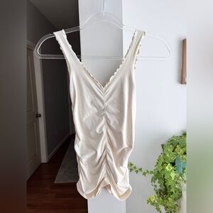 MARCIANO Off White Lettuce Edge Cinched Tank Top